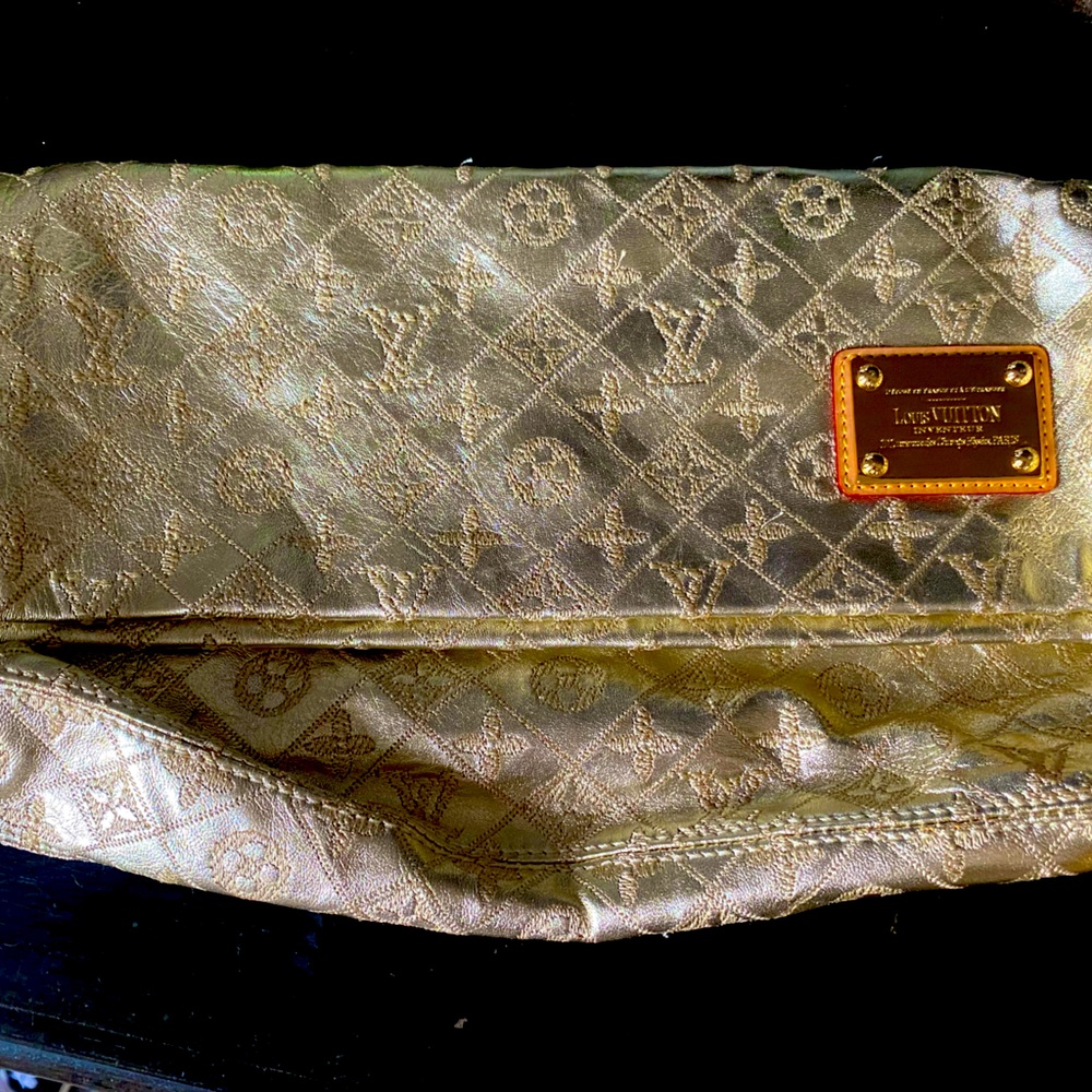 Louis Vuitton gold Clutch fold over yellow suede interior